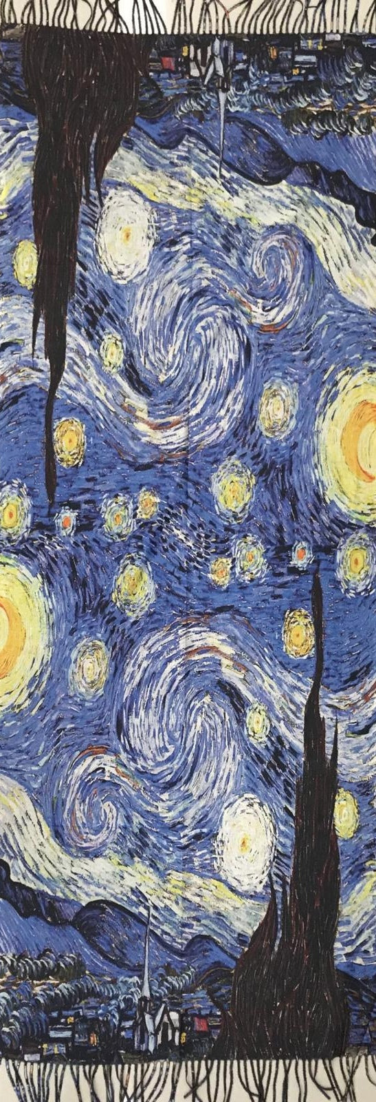 Sciarpa con stampa quadro notte stellata. Sciarpa con frange in lana e viscosa