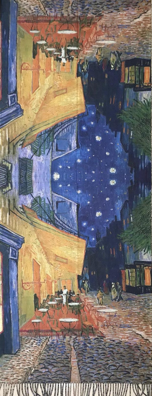 sciarpa con dipinto famoso di V. Van Gogh terrazza del caffè la sera. Sciarpa morbida in lana e viscosa