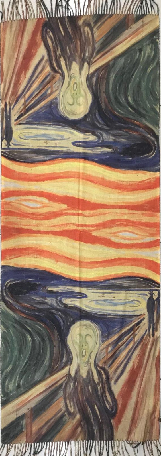 sciarpa con dipinto famoso l'urlo di munch. Sciarpa morbida con frange in lana e viscosa
